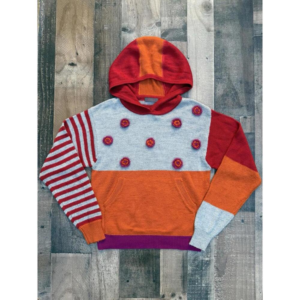 Big enough Hooded Kid Girl Sweater Stripes & Knit Flowers Size M 10/12